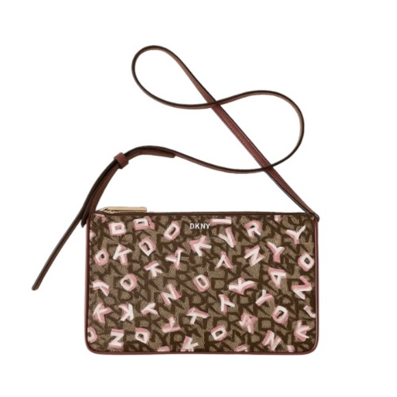 DKNY Ines Crossbody Shoulder Bag Double Compartment Monogram Pink Tan OS NWOT - Picture 1 of 16